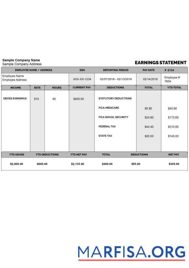 Printable Employee gross earnings statement in format real example